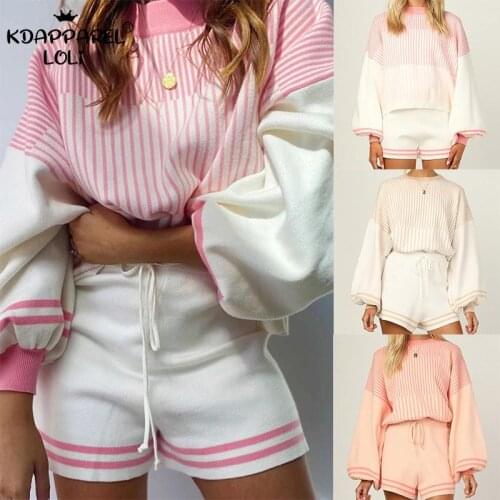 2021 Autumn Winter Womens Two-Piece Suit Sweater Lantern Long Sleeve Pullover Top And Short Pants Set Sweet Girls Teens Spring
