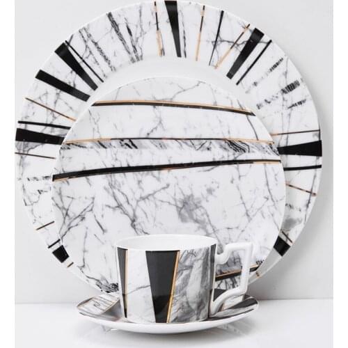 4Pcs Black White Marbling Table Plates Afternoon Tea Cup Set Steak Dishes Ornaments Tableware Decorations Cups Dessert Plates