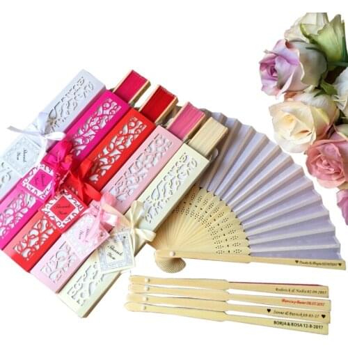 50 Sets Personalized Bride & Grooms Names & Date Wedding Silk Hand Fans with Luxury Laser-Cut Gift Box + Ribbon +Thank You Card