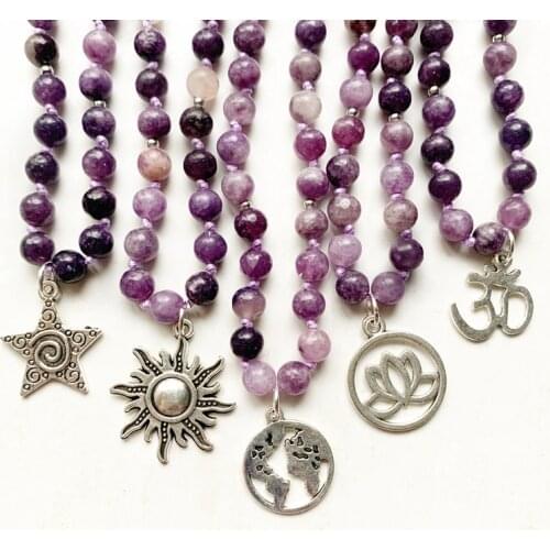 6mm Natural Lepidolite Beads Stone Necklace Crystal Prayer 108 Beads Tibetan Mala Bracelet Hand Knotted Charms Om Lotus 1pc