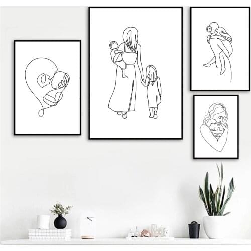 Abstract A Family Of Three Line Drawing Poster Mother And Child Art Print Family Heart Love Canvas Painting Modern Home Decor