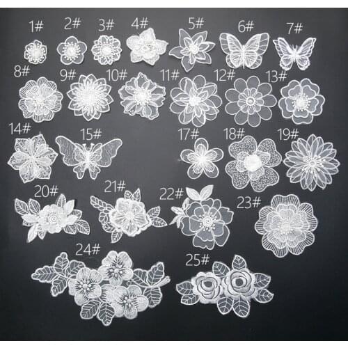 White Lace Embroidery Patches Sew Ion on Clothes Organza Flower Butterfly Appliques for Clothing Wedding Dress Decoration Stripe