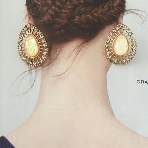 Bohemia Gold Color Plating Tear Drop Shape Pink Orange Stone Thorn Around Statement Stud Earrings For Women Girl Casual Jewelry