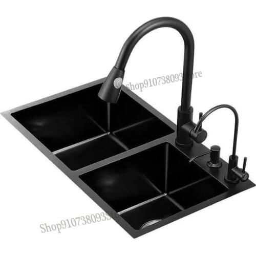 Black Nano Sink Double Tank Kitchen Wash Basin 304 Stainless Steel Thickened Manual Sink Set