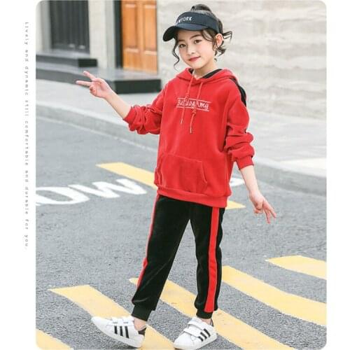Kid 2pcs Clothing Set Girls Velvet Striped Sweatsuits Hoodies Long Sleeves Solid Tracksuit Children Outfit Hooded Coat Trousers
