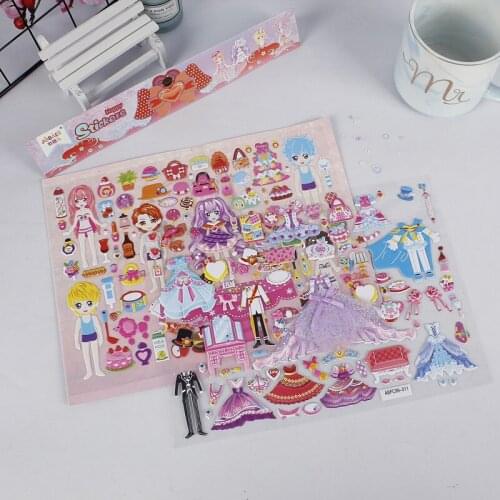 Childrens princess lace dress up double-layer 3D three-dimensional PVC bubble stickers kids reward portable girl gifts toys