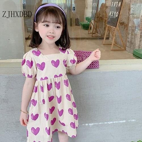 Korean Purple Heart Pattern Baby Girl Dresses 2020 Summer New Short-sleeved Dress Love Foreign Baby Princess Kids Dress Clothing