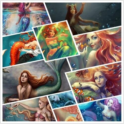 Diy Diamond Painting Color Beautiful Long Hair Short Hair Big Eyes High Nose Beautiful Moving Cute and Lonely Mermaid Poster
