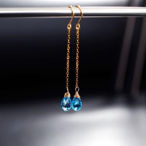DMBS222 14K Gold Injection Blue Topaz Earrings Women Long Earrings Gifts Girlfriend Earrings