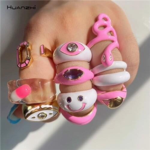 INS Colorful Dripping Oil Smiley Face Rhinestone Snake Eyes Geometrical Metal Ring for Women Girls Party Jewelry HUANZHI 2021