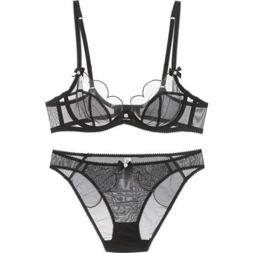 Sexy Mesh Transparent Bra Set with Bow Underwire Push Up 1/2 Cup Ultra Thin Unlined Lingerie Underwear Sets Women Brassieres