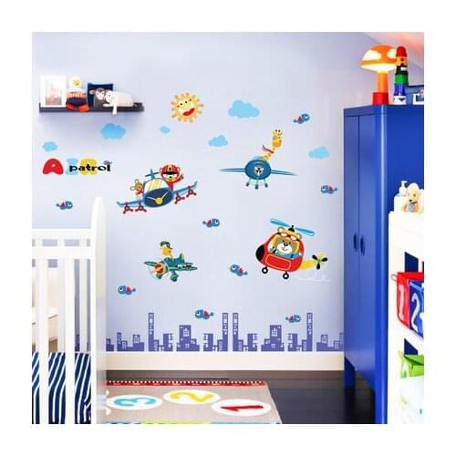 Cartoon Animal Pilot Wall Sticker Wallpaper Self-adhesive Kids room Decoration Boys Bedroom Decor Kindergarten Decoration Mural