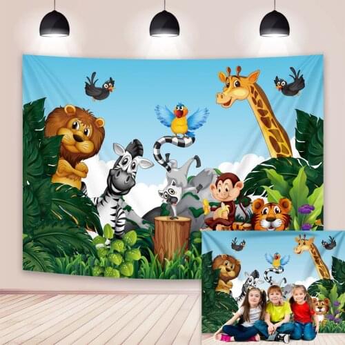 Cartoon Jungle Safari Backdrop Wild Animal Friends background for Kids Birthday Party Decoration Supplies Photo Background