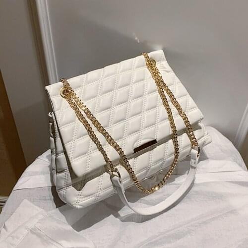 New soft shoulder bag with lattice chain, women, large capacity, filled synthetic leather, shoulder strap, black and white