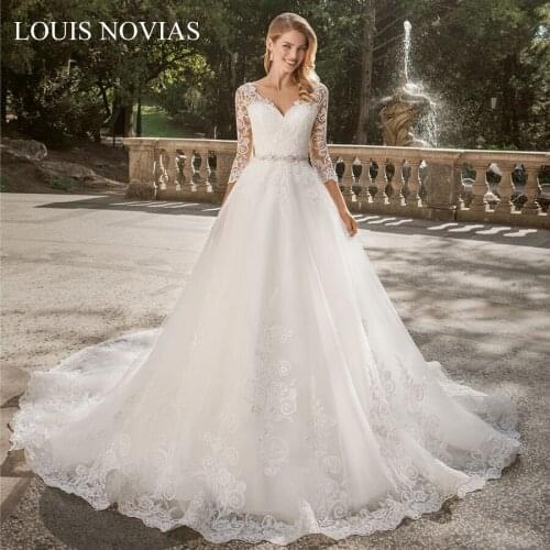 Louis Novias Beach Wedding Dress Dress For Wedding Party V-neck Embroidered Lace on Net Backless Illusion Sweep Brush Train