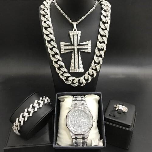 Luxury Men Silver Color Watch & Neckalce & Braclete & Ring & Earrings Combo Set Ice Out Cuban Necklace In CrystalHip Hop For Men