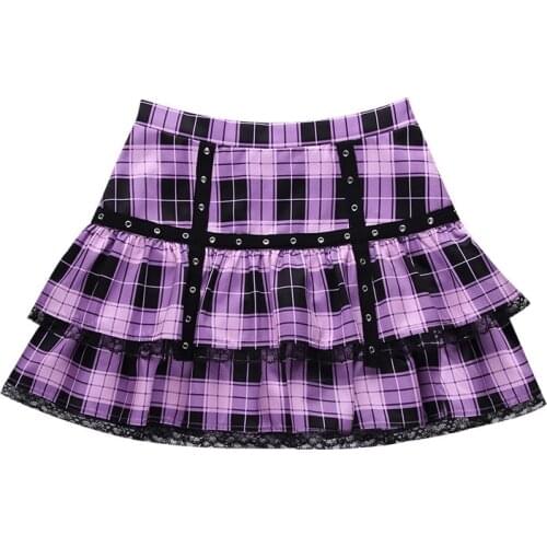 Ruibbit Punk Y2K Purple Mini Skirt Mall Goth High Waist Plaid Pleated Skirts Harajuku E Girl Techwear Lace Trim A Line Skirt