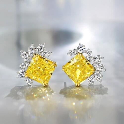 100% 925 Sterling Silver Created 10*10mm Citrine Sparkling Wedding Stud Earrings For Women Pass Diamond Test Party Fine Jewelry