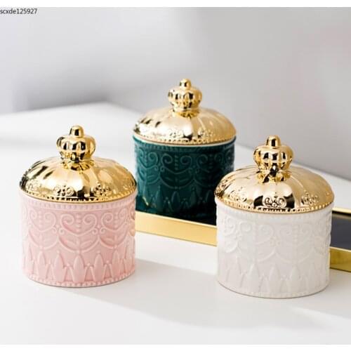 European Ceramic Crown Jewelry Box Gold-plated Jewelry Ring Storage Exquisite Home Cotton Swab Candle Storage Jar Home Ornaments