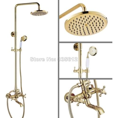 Rain Shower Faucet Set W/Bathroom Gold Color Brass Wall Mounted Dual Cross Handles Bathtub Mixer Tap with Handheld Shower Wgf394