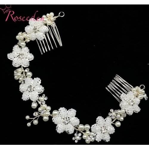 Handmade White Flower Wedding Long Hair Comb Rhinestone Hair Vine Headband Bride Hair Ornaments RE3005