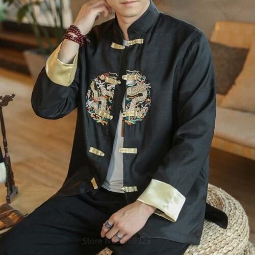 Traditional Chinese Kung Fu Clothing for Men Vintage Embroidery Dragon Print Tang Suit Plus Size Male Long Sleeve Shirts Jacket