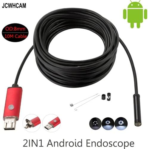 JCWHCAM Waterproof USB Endoscope 2M 10M Cable 6LED Dia 8mm Borescope Inspection Wire Camera With Mini Camera Mirror Hook Magnet