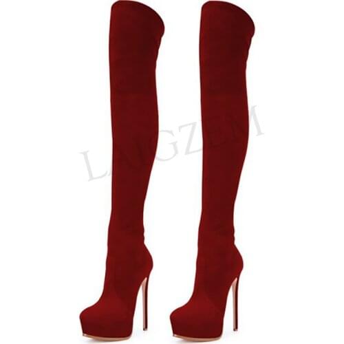 LAIGZEM FASHION Platform Heels Faux Suede Stiletto Boots Woman Boots Side Zip Custom Shoes Botines Mujer Botas Large Size 34-52