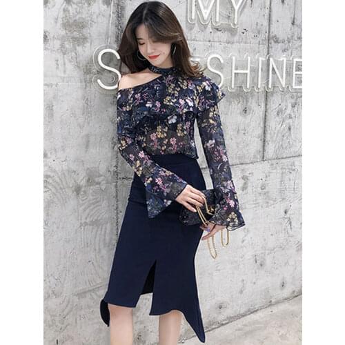 Fashion women temperament comfortable print chiffon shirt new arrival vintage elegant asymmetrical skirt 2 pieces women set