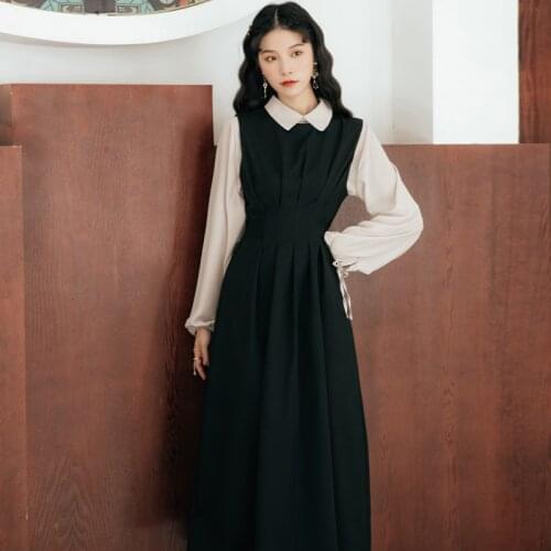 2 Piece Set Women Outfits Doll Collar Cute Bow Lantern Sleeve All-match Top+Black Sleeveless Retro Pleated Fashion Dress OL Suit