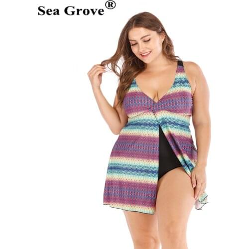 Sexy Stripe print Plus Size Swimwear Large Size Women Push up Swimsuit Dress Skirt 4XL 5XL Slit One Piece Swimsuit Beachwear