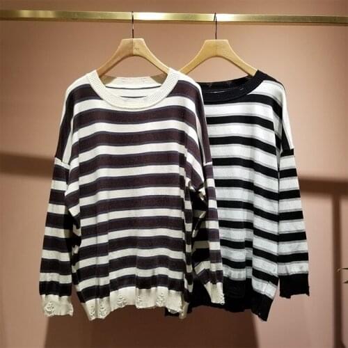 Womens Spring And Autumn Round Neck Long Sleeve Patchwork Stripe Print Loose Knit Soft Casual Sweater