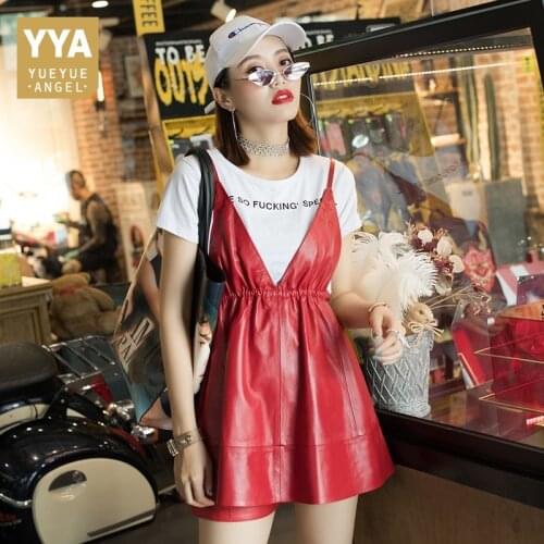 Spring Autumn Genuine Leather Dress Women New Sexy V-Neck Fashion Loose Fit Sheepskin A-Line Leather Dress Casual Clothes