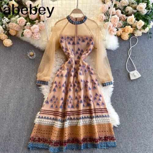 Design Embroidery Mesh Dress Women Korean Fashion Retro Long Sleeve Dress Spring High Quality A-line Streetwear Dress