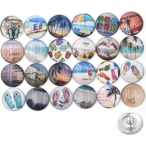 24pcs/lot Wholesale Interchangeable 18mm Snap Jewelry Glass Cabochon Ocean Beach Scene Flip Flop Button for Bracelet Necklace