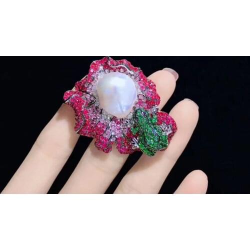 Baroque natural fresh water pearl brooch frog and lotus leaf 925 sterling silver with cubic zircon fine women jewelry