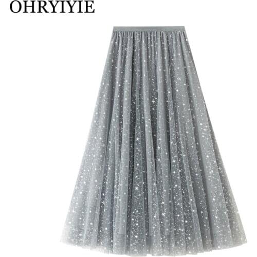 OHRYIYIE Gray Sequined Tulle Skirts Women 2021 Spring Summer Elastic High Waist Sun Fluffy Tutu Skirt Female Elegant Long Skirt