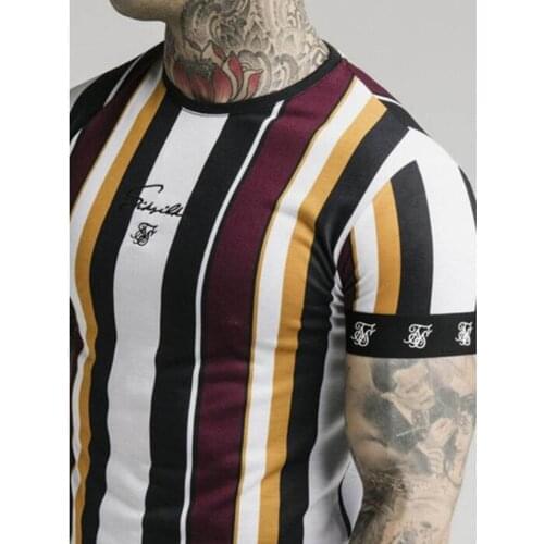 Sik Silk Print Summer European And American Popular Men Fashion Hip-Hop Polyester Quick-Drying Striped Slim Short-Sleeved T-Shir