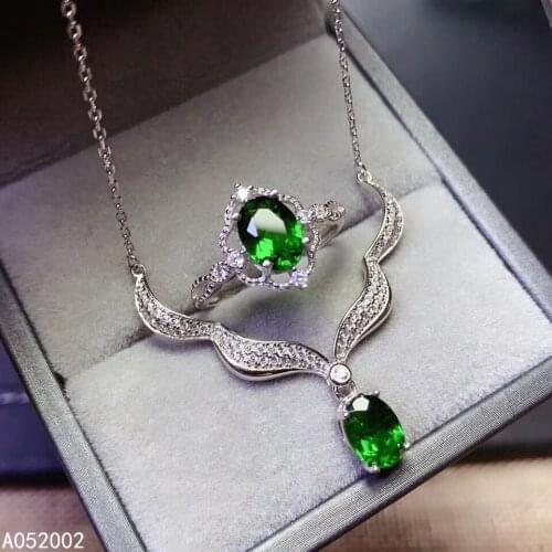 KJJEAXCMY fine jewelry natural Diopside 925 sterling silver women pendant necklace chain ring set support test lovely