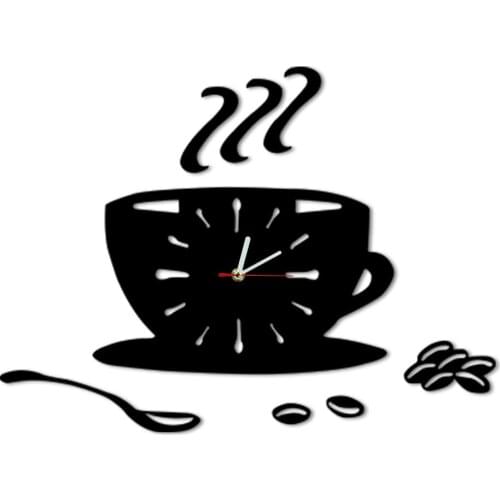 Coffee Cup Decorative Art Wall Clock Mirror Effect DIY 3D Wall Clocks Watches Hanging Wall Mounted Kitchen Clock For Cafe