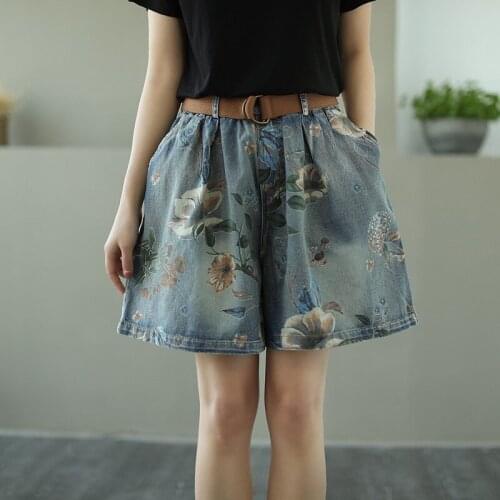 Summer Denim Shorts Women Floral Printed Elastic High Waist Jeans Shorts Female Plus Size Vintage Baggy Short Boyfriend Pants