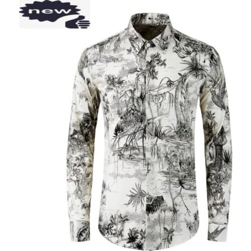 Vintage Flower Men Street Hand-painted Slim Single Breasted Shirts 2021 New Long Sleeve Printed Casual Tops Male 38-48