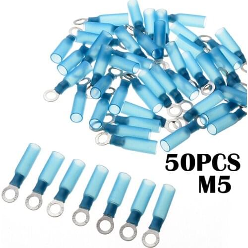 50pcs Heat Shrink Blue Ring M5 Terminals Set Insulated Electrical Wire Connectors 16-14 AWG Shrinkable Terminals set