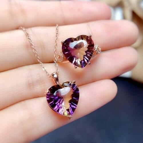 Elegant Heart Shape Simulation Colorful Gradient Amethyst Rings Necklaces for Women Luxury Wedding Engagement Jewelry Gifts