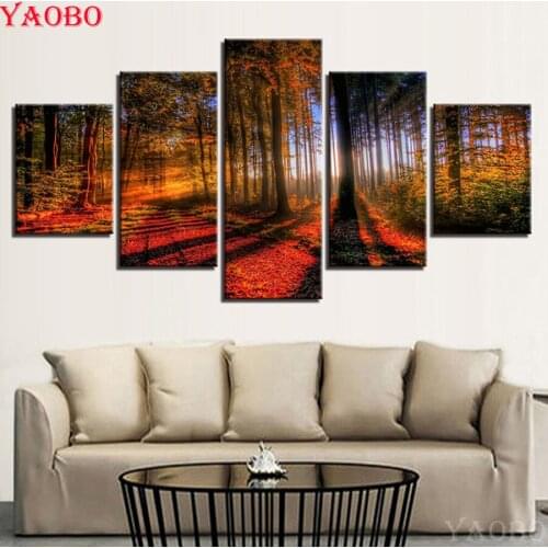 Full Square Round Drill 5D DIY Diamond Painting 5 Piece Red Leaves Forest Trees Sunshine Rhinestone Embroidery mosaic Home Decor