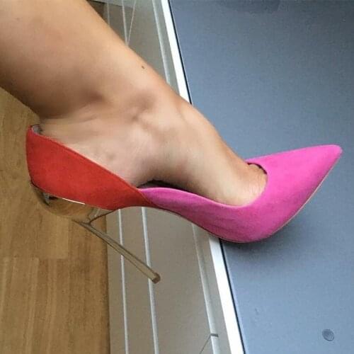 New Women Pointed Toe Suede Leather Metal Stiletto Heel Pumps Petal Low Cut Pink Blue 10/12cm Slip-on High Heel Ball Dress Shoes