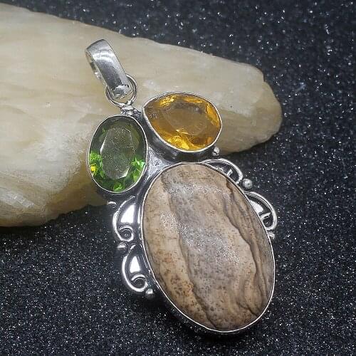 Gorgeous Natural OceanJasper Peridot Citrinee Unique Jewelry Silver Color Pendant Necklace 60mm HD454