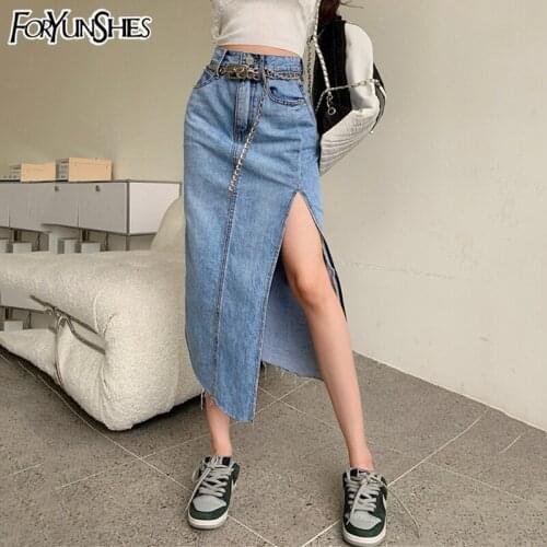 Women Denim Midi Skirt Chain Slim Side Slit Burr High Waist Skirts Y2K Wrap Hip Clothes Streetwear 2021 Spring New Style