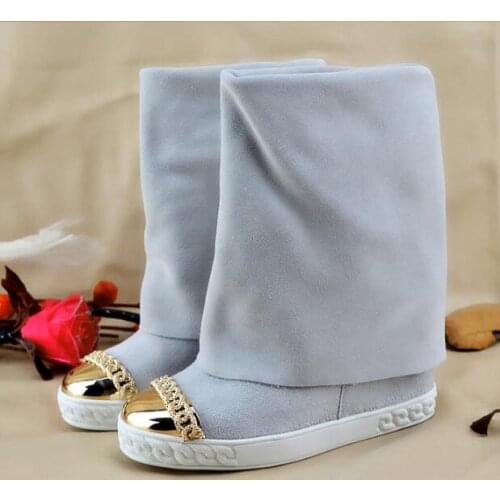 Womens Designer Folded Boots Chain Embellished Suded Shoes Hidden Wedges Heels 8 cm Black Sneaker High Top Height increasing