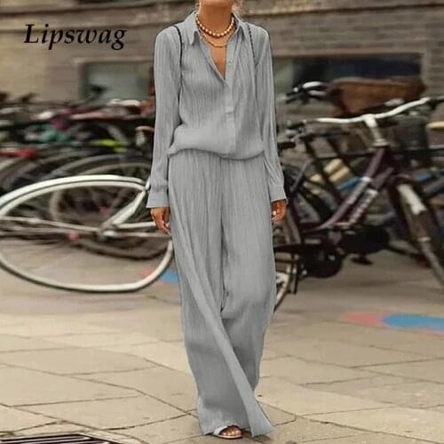 Summer Loose Women Two Piece Set 2021 Spring Elegant Office Lady Shirt Suits Casual Long Sleeve Button Tops + Long Pants Outfit